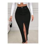 Swet Shop Jeans Kadın Yüksek Bel Yırtmaçlı Midi Boy Siyah Likralı Denim Etek Siyah XL