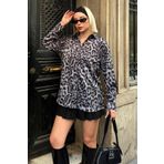 Swist Gri Fea Leopar Desen Kadın Saten Gömlek