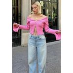 Swist Pembe Ispanyol Kol Degaje Yaka Fermurlı Örme Kadın Triko Crop Kazak - Standart
