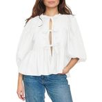Sxkayxr Kadın papyon ön gömlek leopar baskı ekose Peplum Babydoll üst 3/4 uzunluk puf kollu sevimli dışarı çıkıyor Y2K bluz, beyaz, M