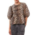 Sxkayxr Kadın papyon ön gömlek leopar baskı ekose Peplum Babydoll üst 3/4 uzunluk puf kollu sevimli dışarı çıkıyor Y2K bluz, Leopar, XL