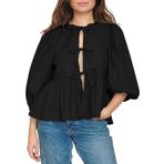 Sxkayxr Kadın papyon ön gömlek leopar baskı ekose Peplum Babydoll üst 3/4 uzunluk puf kollu sevimli dışarı çıkıyor Y2K bluz, siyah, M