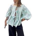 Sxkayxr Kadın papyon ön gömlek leopar baskı ekose Peplum Babydoll üst 3/4 uzunluk puf kollu sevimli dışarı çıkıyor Y2K bluz, yeşil, S