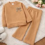 Sy Store Kız Çocuk Leopar Fiyonk Baskılı Sweatshirt & Ispanyol Paça Eşofman Takımı - 4 - 5 Yaş - Kahverengi