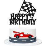SYKYCTCY 1 adet yarış arabası pasta dekorasyonu, siyah, parıltılı, yarış arabası, kareli bayrak, pasta dekorasyonu, Happy Birthday kek süsü, yarış teması, bebek duşu, çocuk, erkek çocuk, kız doğum günü, parti,