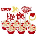 SYKYCTCY 24 adet Happy Valentine's Day Cupcake Toppers Glitter Amor Ring Sweet Love XOXO Kiss Me Cupcake Picks Sevgililer Günü Teması Düğün Gelin Duşu Doğum Günü Parti Pasta Süslemeleri Kırmızı Altın