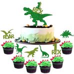 SYKYCTCY 25 adet dinozor 1. doğum günü pastası dekorasyonu, parıltılı, 1 Rex dinozor pastası, dekorasyon, dinozor temalı bebek duşu 1. doğum günü partisi pasta süslemeleri yeşil