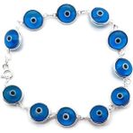 Sylvery Jewels 10 mm Cam Nazar Boncuğu Göz Bileklik 925 Ayar Gümüş Bileklik - Açık Mavi