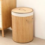 Syn Aksesuar Yuvarlak Bambu Kirli Çamaşır Sepet, Şık Tasarımlı Bambu Kirli Kutusu - 30X50 - Bej
