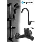 Syronea Siyah Sürgülü Banyo Lavabo Duş Seti Batarya Musluk 3 Parça Yenileme Seti