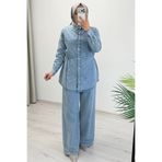 T Moda Store My Magazin Yazlık Denim Kumaş Serpme Taş Detaylı İkili Takım