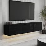 T0020 Alston 3 Kapaklı Duvara Monte Tv Ünitesi – LED Işıklı, Modern Tasarım, 160 cm - Parlak Siyah - Renk
