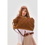 Taba Kabartmalı Puf Kumaş Kapitone Tote Shopper Omuz Kol Çantası Cüzdanlı