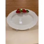 Tabak Oval Servis Sunum El Yapımı Porselen Çilek Dekorlu 30 cm - Kırmızı