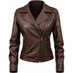 Tabakhanem Kadın Siyah Hakiki Deri Ceket - Asimetrik Fermuarlı Biker Model - 3XL - Kahve