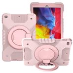 Tablet PC Çantaları Kılıflar Kollar İPad 10.2 2019/2020 ile uyumlu tablet kasası, katlanır saplı stant, dönen kickstand, omuz kayışı taşıyan çocuklara dayanıklı şok geçirmez koruyucu kapak(Rose gold+r