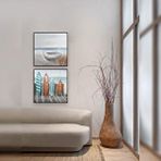 Tablo Life Sahil İkili Set Yağlı Boya Dokulu Tablo Siyah Çerçeve
