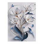 Tablomega Beyaz Çiçekler Mavi Kelebekler Modern Ahşap Tablo 35cm X50cm