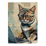 Tablomega Bilgisayar Kullanan Kedi Model Ahşap Tablo 25cmx 35cm