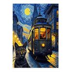 Tablomega Gece Tramvayı Ve Kedi Dekoratif Ahşap Tablo 25cmx 35cm