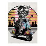Tablomega Motosiklet Kullanan Kedi Desenli Ahşap Tablo 25cmx 35cm