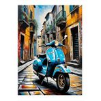 Tablomega Retro Mavi Ve Scooter Motosiklet Desenli Ahşap Tablo 25cmx 35cm
