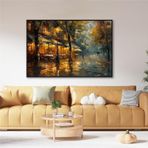 Tablosan Yağlı Boya Dokulu Tablo Modern Paris Sokak Kafe Siyah Çerçeveli U09015