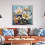 Tablosan Yağlı Boya Dokulu Tablo Soyut Modern Beyaz Çiçekler Altın Çerçeveli U02032