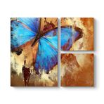 tabloshop Kahverengi Mavi Kelebek Tablo 88 x 73-3 Parçalı