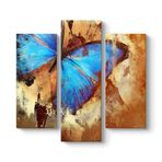 tabloshop Kahverengi Mavi Kelebek Tablo 96 x 90-3 Parçalı