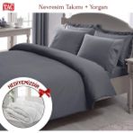 Taç Çift Kişilik Premium Basic Stripe Saten Nevresim Takımı Yorgan - Antrasit - 200 x 220 cm
