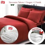 Taç Çift Kişilik Premium Basic Stripe Saten Nevresim Takımı Yorgan Yastık - Kırmızı - 200 x 220 cm