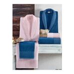 Taç Kristal Nakışlı 6 Parça Aile Bornoz Takımı İndigo-Pudra Kristal Soft Cotton Bornoz Seti