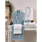 Tac Kristal Soft Cotton Nakisli 6 Parca Aile Bornoz Takimi Ekru-Mavi