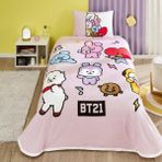 Taç Lisanslı BT21 Tek Kişilik Pamuk Pike Takımı - Renkli