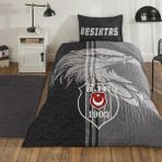 Taç Lisanslı Kapitoneli -Beşiktaş Taraftar- Lastikli Çarşaflı Tek Kişilik 4 Mevsim Nevresim Takımı - Siyah - Beyaz - 160 x 220 cm