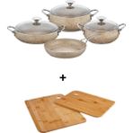 Taç Mastercook Tombik 7 Parça Granit Tencere Seti Gri Metal Saplı Yanmaz Yapışmaz Isıya Dayanıklı Cam Kapaklı + Hediye Ahşap Mutfak Kesme Tahtası - Cappuccino - 20-24-26 cm