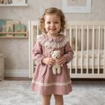 Tace Kids Kız Bebek Gül Kurusu Müslin Elbise - Dantel Yakalı Retro Vintage 9-24 Ay - Pembe