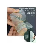 taci ta0045 6 Adet Çift Taraflı Yapışkanlı Geçmeli Klips Eşya Sabitleme Askısı Şeffaf Duvar Kancası