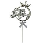 Taçlı Gümüş Happy Birthday Fiyonklu Pasta Süsü