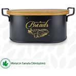 Tahta Kapaklı Metal Ekmeklik, Ahşap Kapaklı Ekmeklik (Bread Baskılı) - Siyah