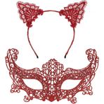 Tahtakale Romantik Kırmızı Dantel Maske Seti – Kedi Kulaklı Taç ve Maske No 3