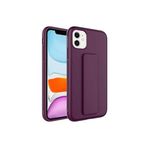 TahTicMer Apple Iphone 12 Kılıf Silikon Standlı Elden Geçme Mıknatıslı Hand Strap Suni Derili Arka Koruma, Mor
