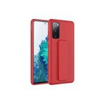 TahTicMer Samsung Galaxy A03s Kılıf Silikon Standlı Elden Geçme Mıknatıslı Hand Strap Suni Derili, Kırmızı