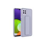 TahTicMer Samsung Galaxy M22 M225 Kılıf Silikon Standlı Elden Geçme Mıknatıslı Hand Strap Suni Derili, Gri