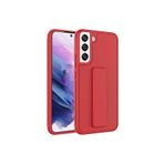 TahTicMer Samsung Galaxy S22 Plus S906 Kılıf Silikon Standlı Elden Geçme Mıknatıslı Hand Strap Suni Derili, Kırmızı