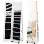 Takı Armoire Dolabı, Depolama Aynası, Tekerlekler ile 360 ° Mücevher Dolabı, Tam Boy Aynalı Kilitlenebilir Mücevher Organizatörü, 3 Renkli LED Işıklar, Yüksekliği Ayarlanabilir Raflar, Daimi Takı A