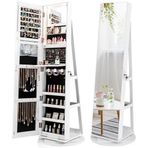 Takı Armoire Dolabı, Işıklarla 360° Dönen Takı Armoire, Kilitlenebilir Tam Boy Ayna, Beyaz