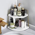 Takı Ve Makyaj Malzemesi İçin Çok Amaçlı Düzenleyici Banyo Masaüstü Kozmetik Organizeri Dekoratif 2 Katlı Raf | Organizer Paslanmaz Çelik & Ahşap Stand Salon, Mutfak, Banyo, Çalışma Alanı - Gold - Beyaz
