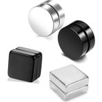 Takıconcept 4 Adet Set Siyah Gümüş 2 Kare 2 Yuvarlak Mıknatıslı Erkek Küpe 8 mm Mıknatıs Çelik Manyetik - Siyah - Gümüş